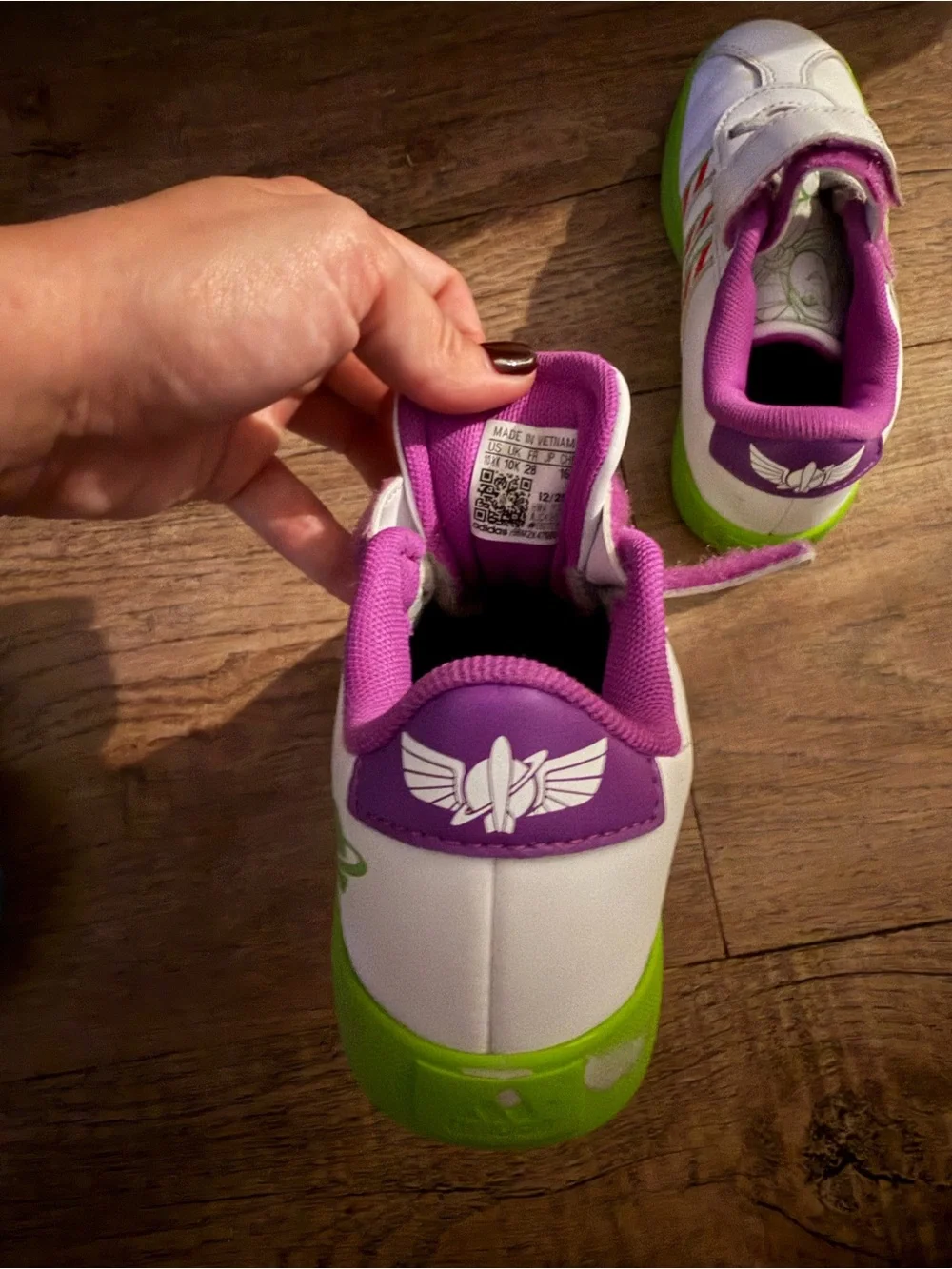 Kids White & Green Athletic Sneakers with Purple Lining buzz lightyear adidas